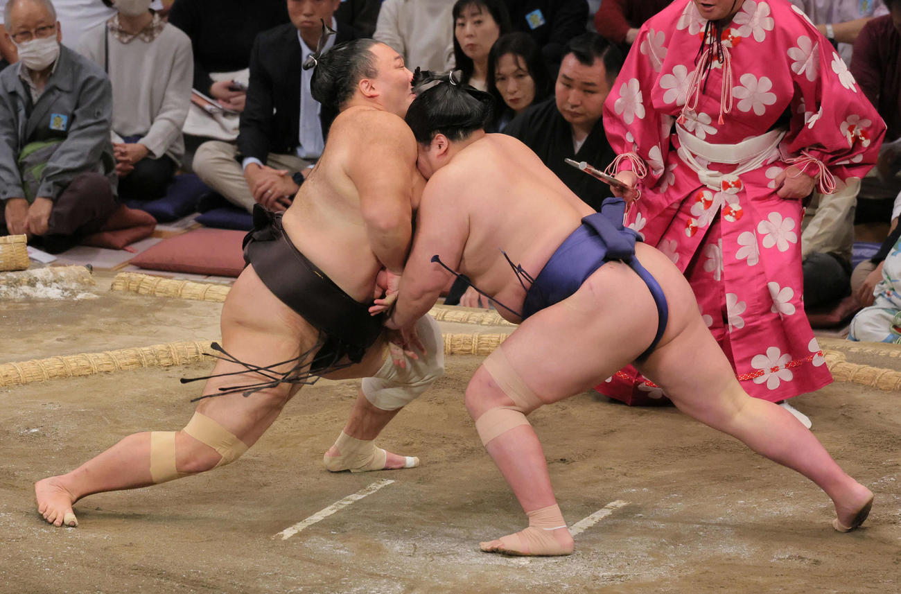 朝乃山（左）は藤青雲を寄り切りで破る（撮影・宮崎幸一）