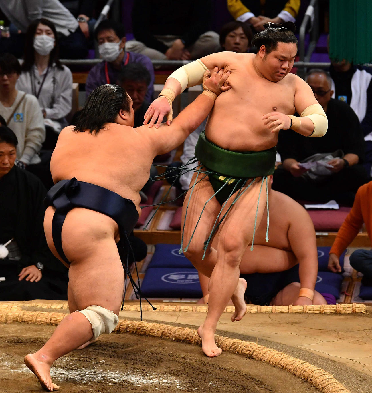 藤凌駕（左）は東白龍を押し出しで破る（撮影・岩下翔太）