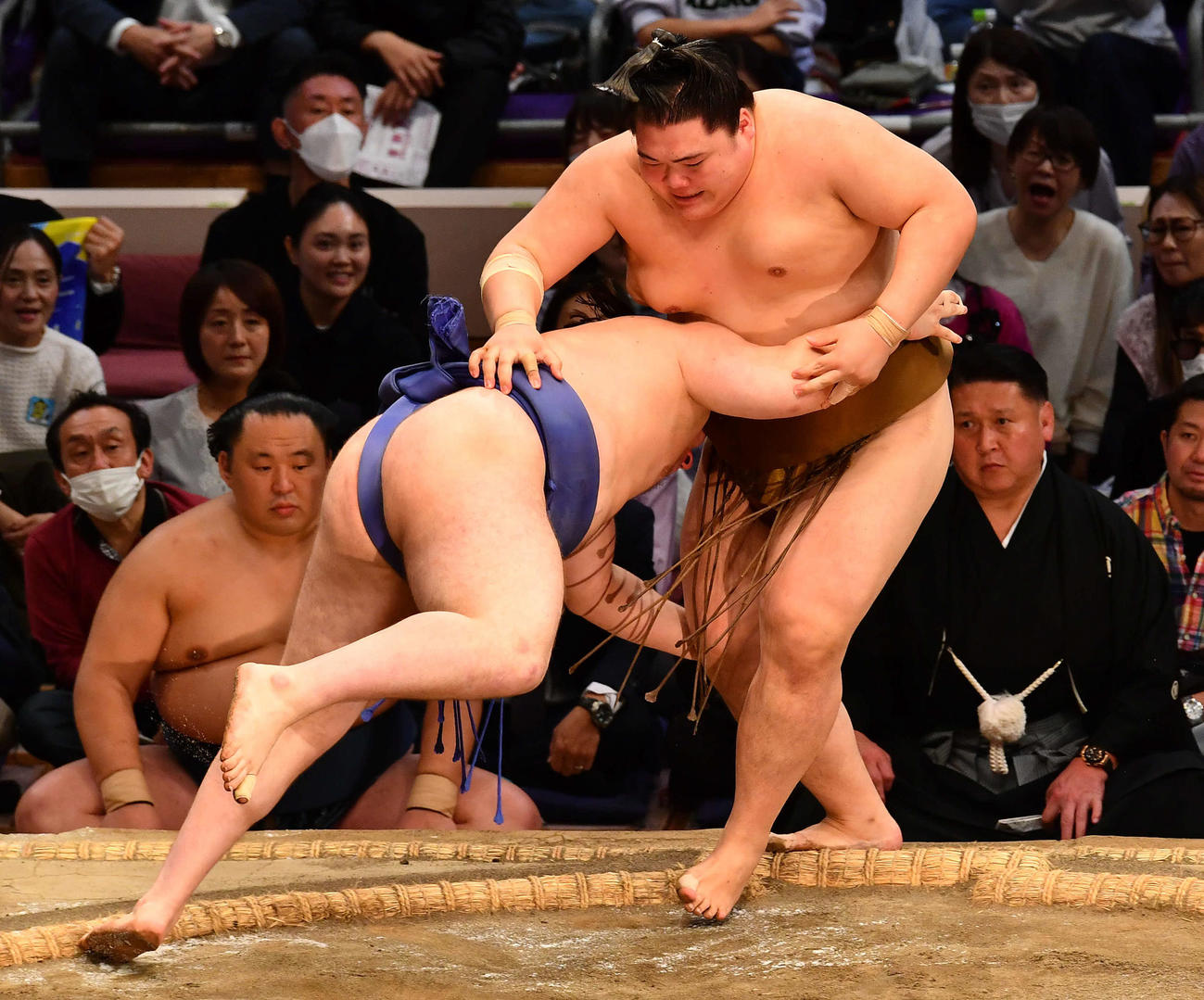 渡し込みで安青錦（左）に敗れた王鵬（撮影・岩下翔太）
