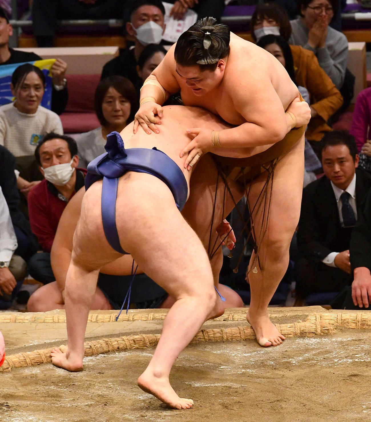 渡し込みで安青錦（左）に敗れた王鵬（撮影・岩下翔太）