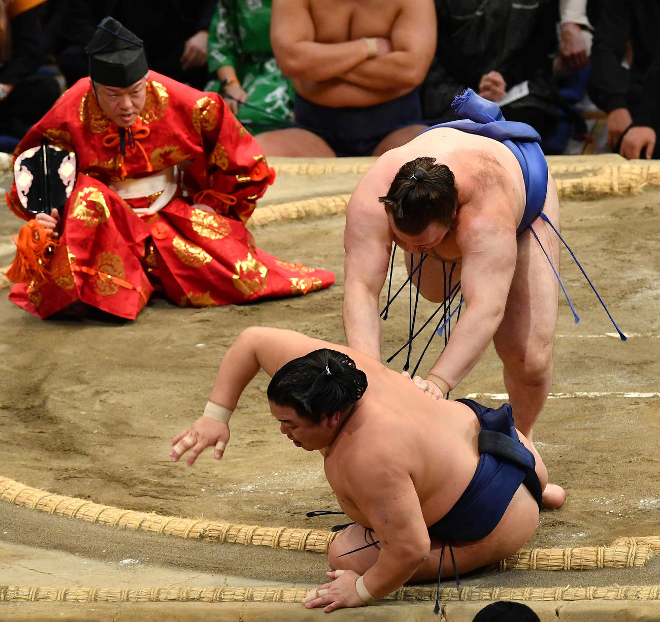 安青錦（右）は平戸海を寄り倒しで下す（撮影・岩下翔太）