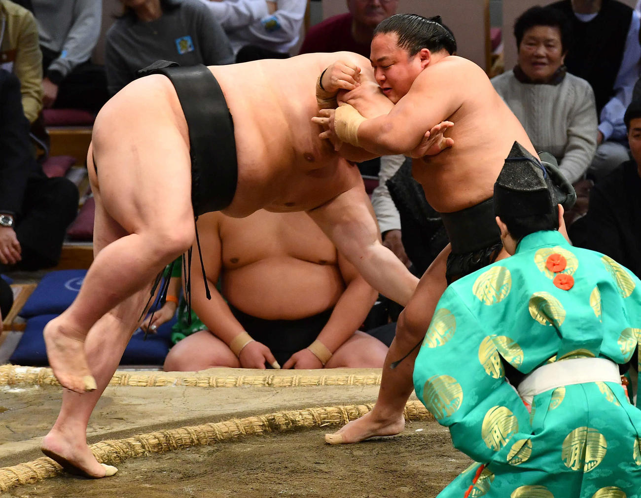 翠富士（右）は正代を網打ちで破る（撮影・岩下翔太）