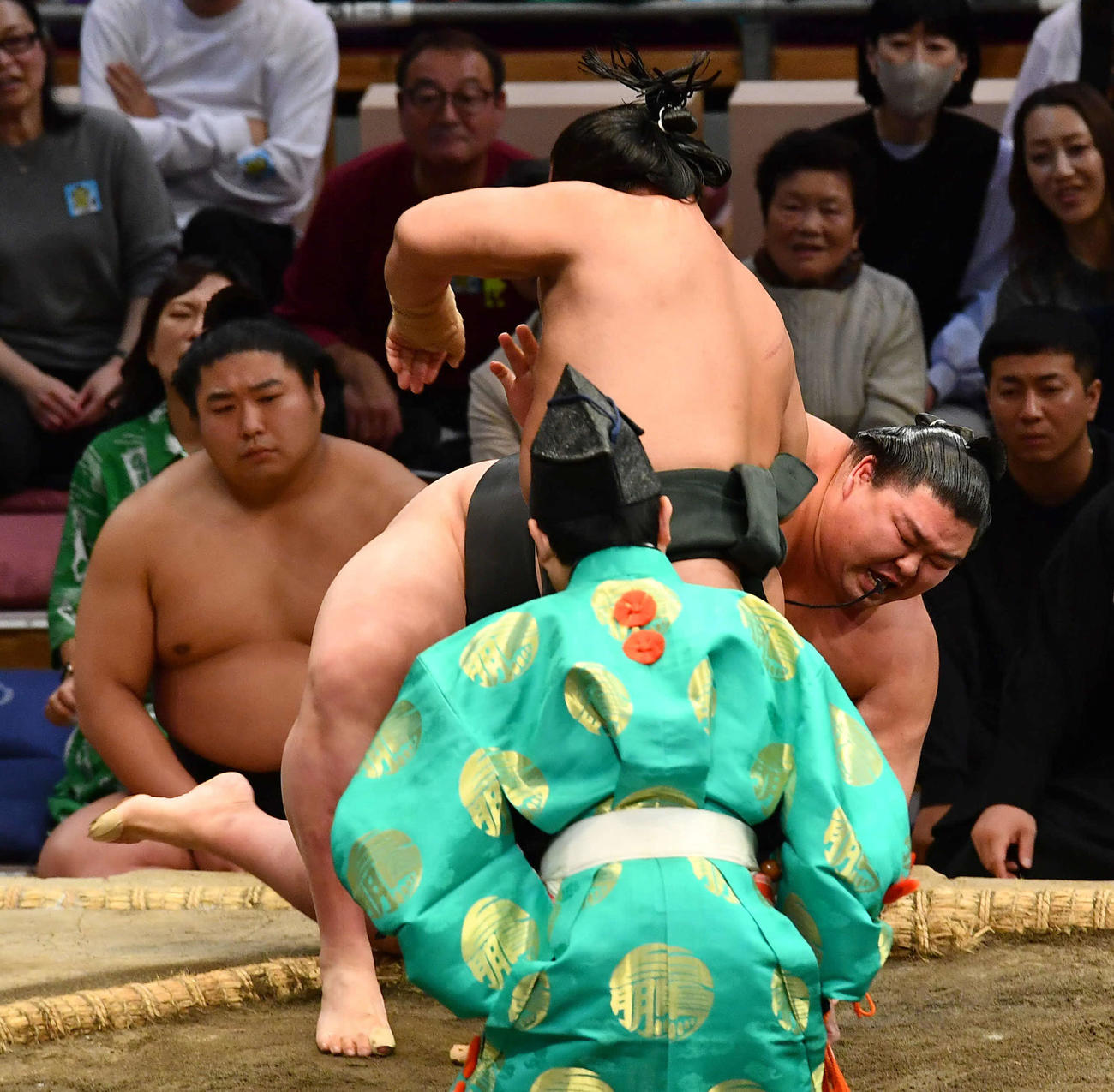翠富士（左）は正代を網打ちで破る（撮影・岩下翔太）
