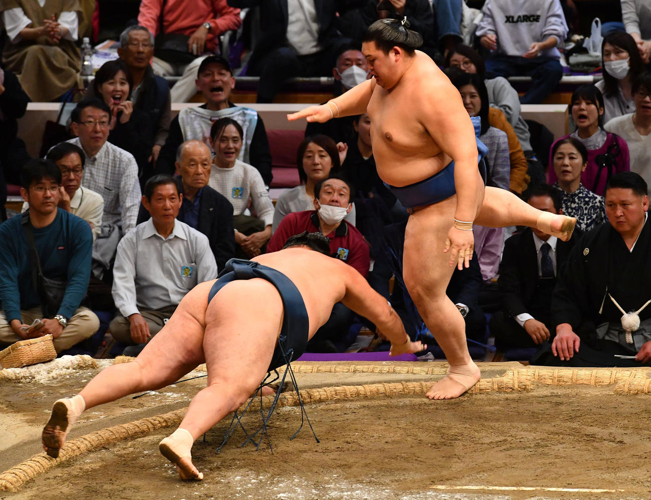 玉鷲（左）をはたき込みで下した大の里（撮影・岩下翔太）