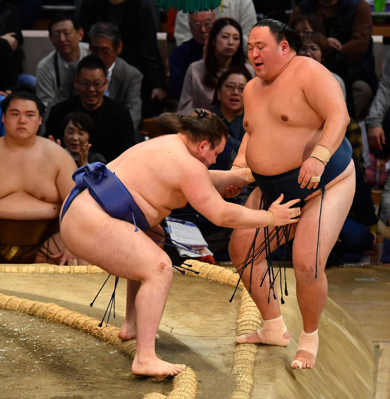 安青錦（左）は玉鷲を寄り切りで下す（撮影・岩下翔太）