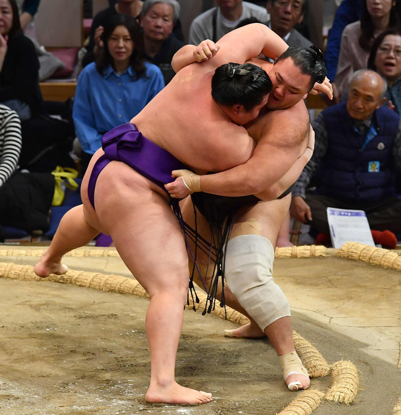 土俵際で大青山（左）の攻めに耐える朝乃山（撮影・岩下翔太）