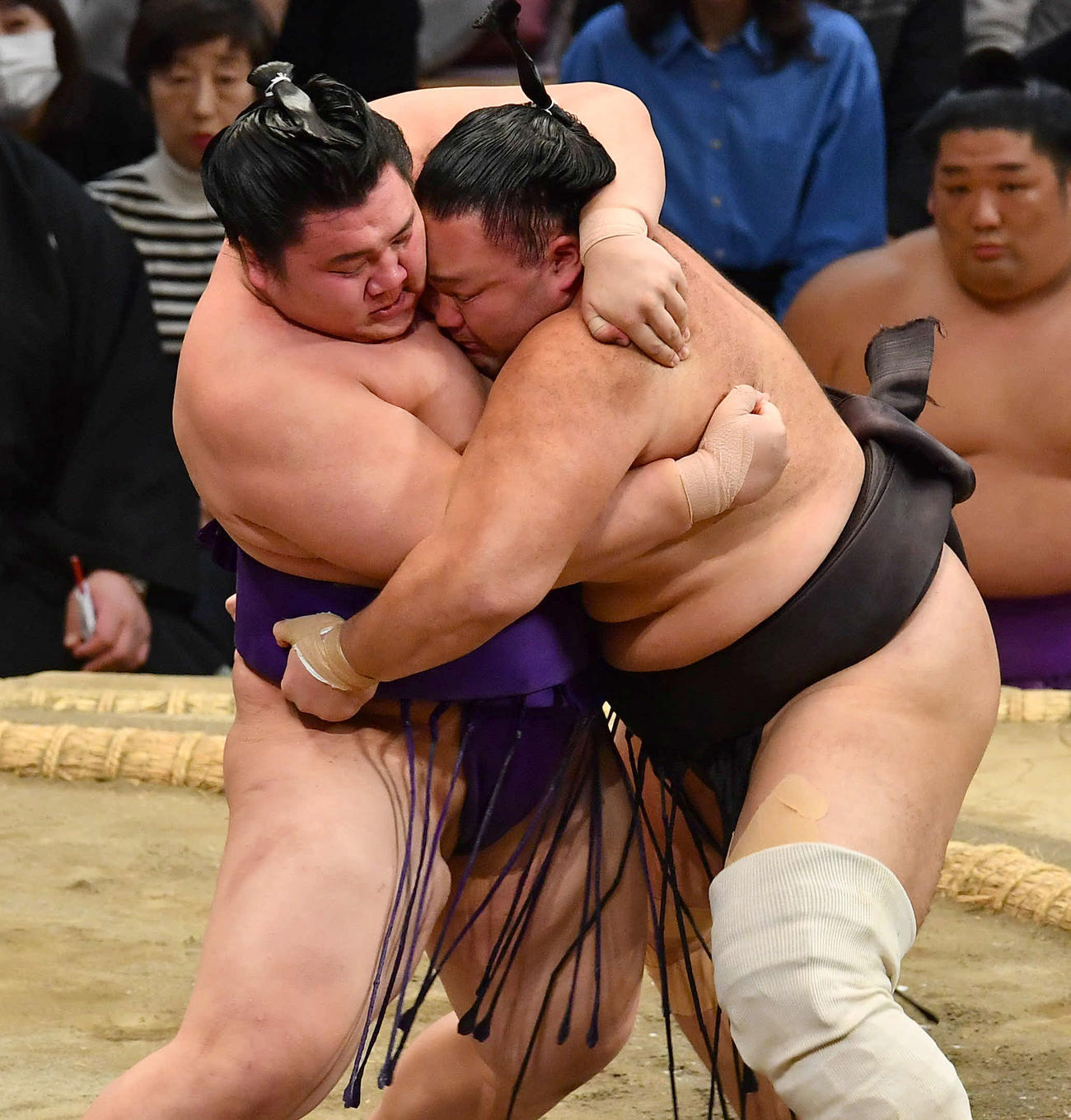 大青山（左）を攻める朝乃山（撮影・岩下翔太）