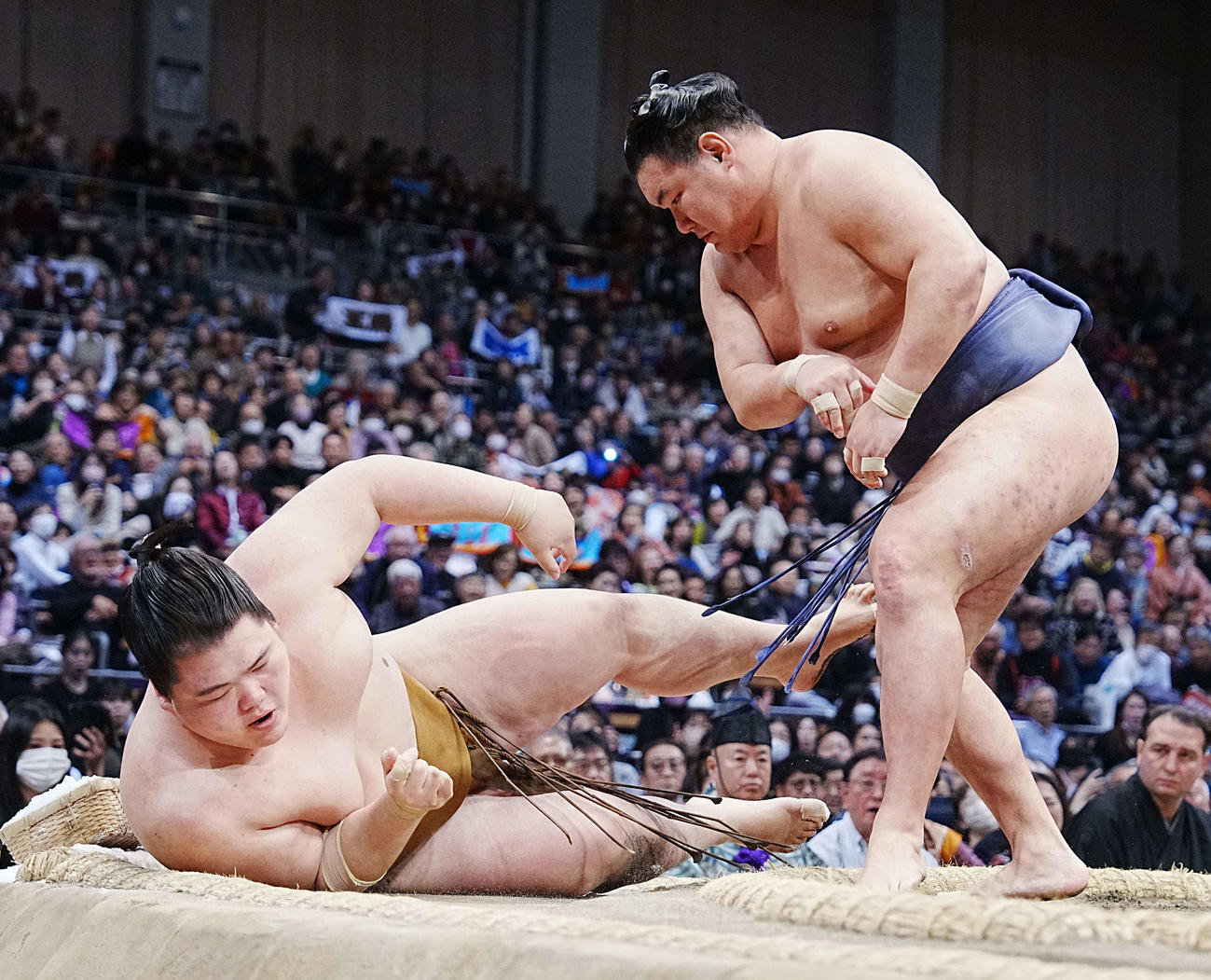 豊昇龍（右）は王鵬を寄り倒しで下す（撮影・小沢裕）