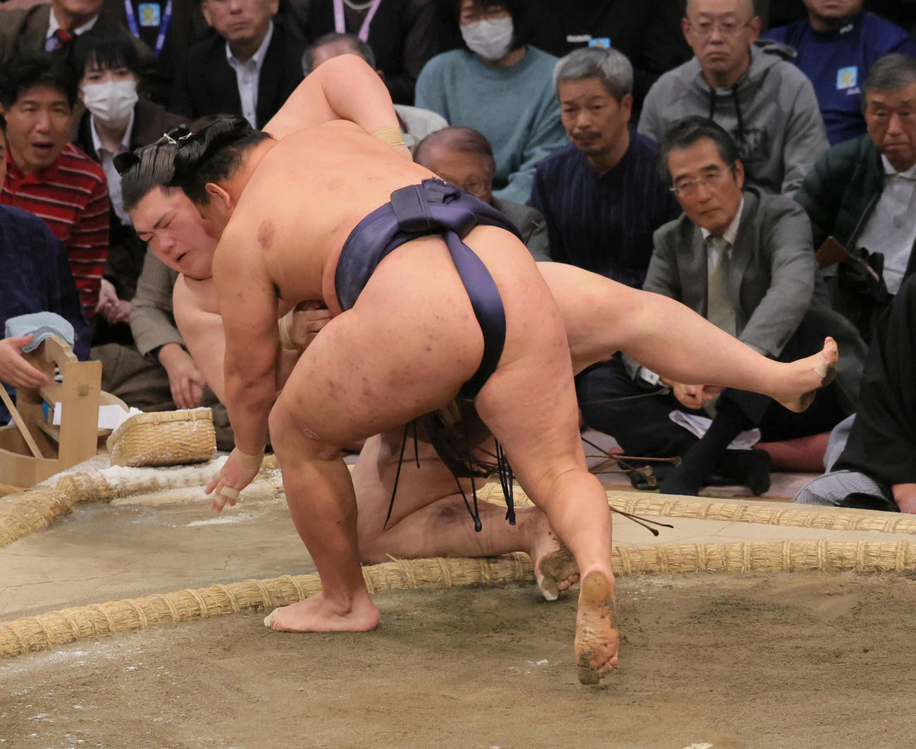 豊昇龍（手前）は王鵬を寄り倒しで破る（撮影・宮崎幸一）