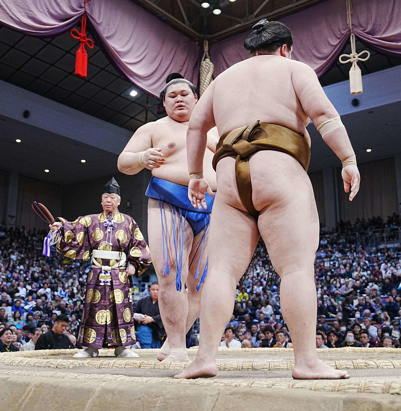 大の里は王鵬（右）を寄り切りで下す（撮影・小沢裕）