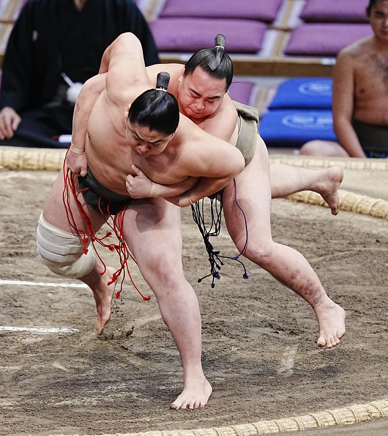 豪正龍（左）は富士の輝を後ろもたれで破り序ノ口優勝を決める（撮影・小沢裕）