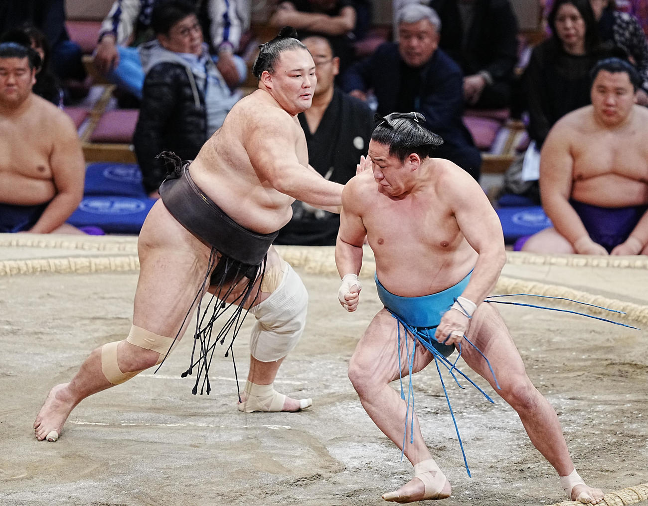 玉正鳳（右）を攻める朝乃山（撮影・小沢裕）