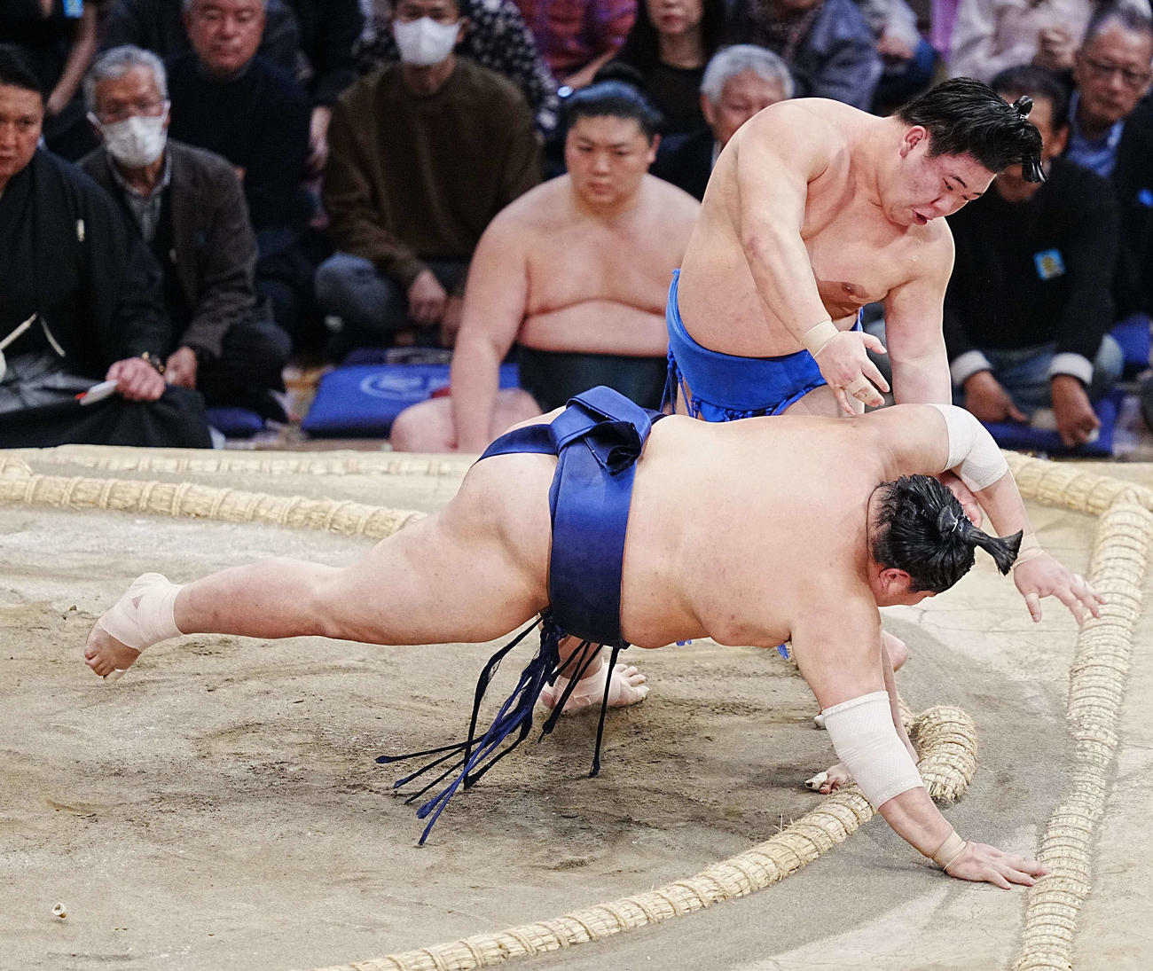 藤ノ川は阿炎（手前）を突き落としで破る（撮影・小沢裕）
