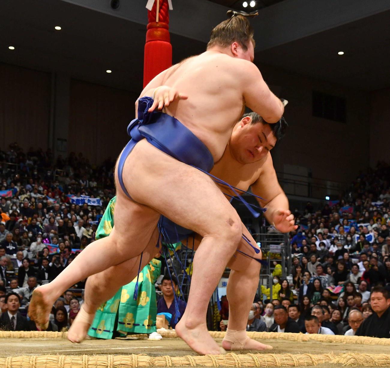 安青錦（左）を攻める大の里（撮影・岩下翔太）