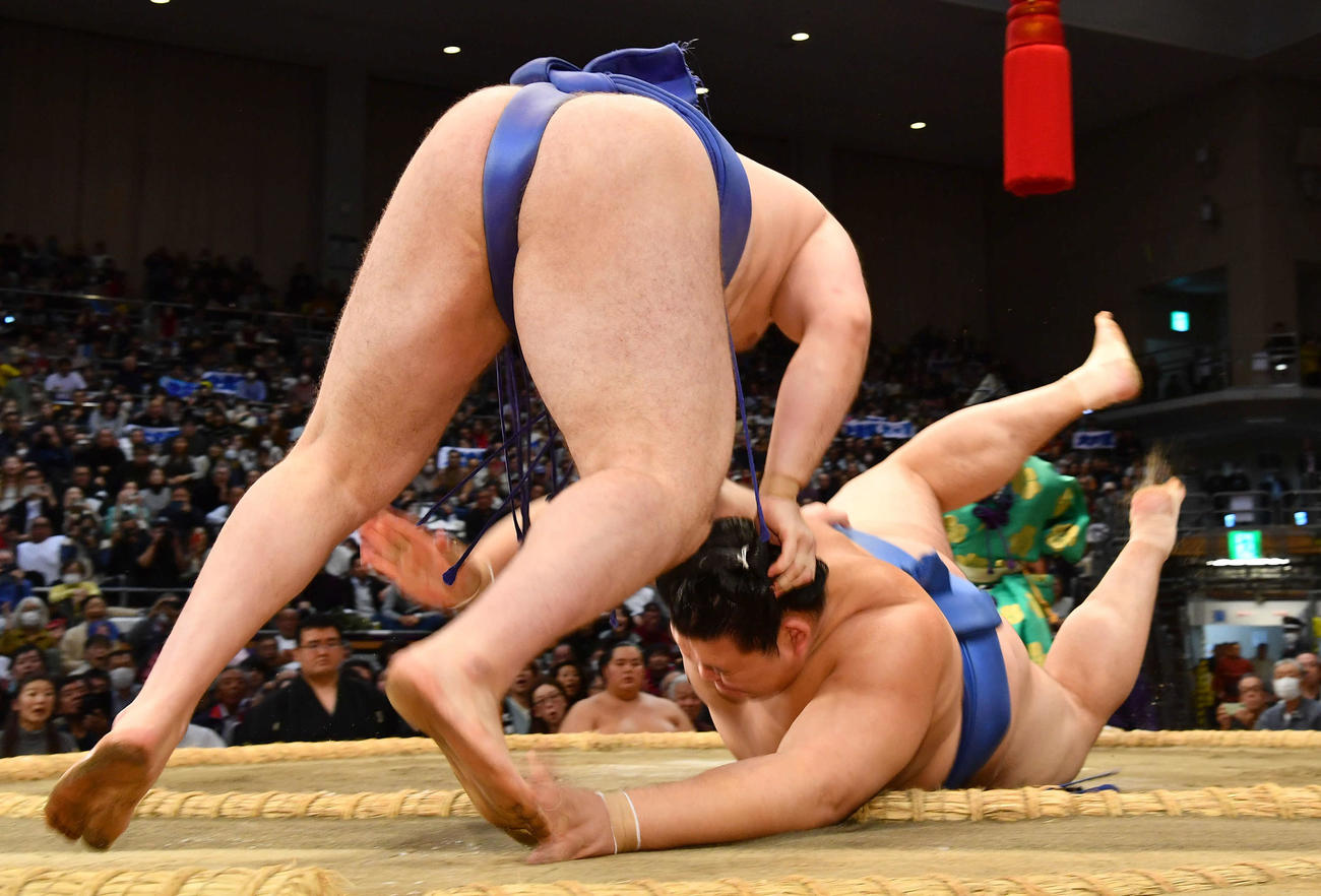 寄り切りで安青錦（左）を下した大の里（撮影・岩下翔太）