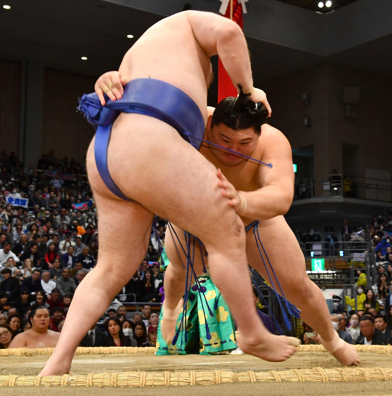 大の里（右）は安青錦を寄り切りで下す（撮影・岩下翔太）