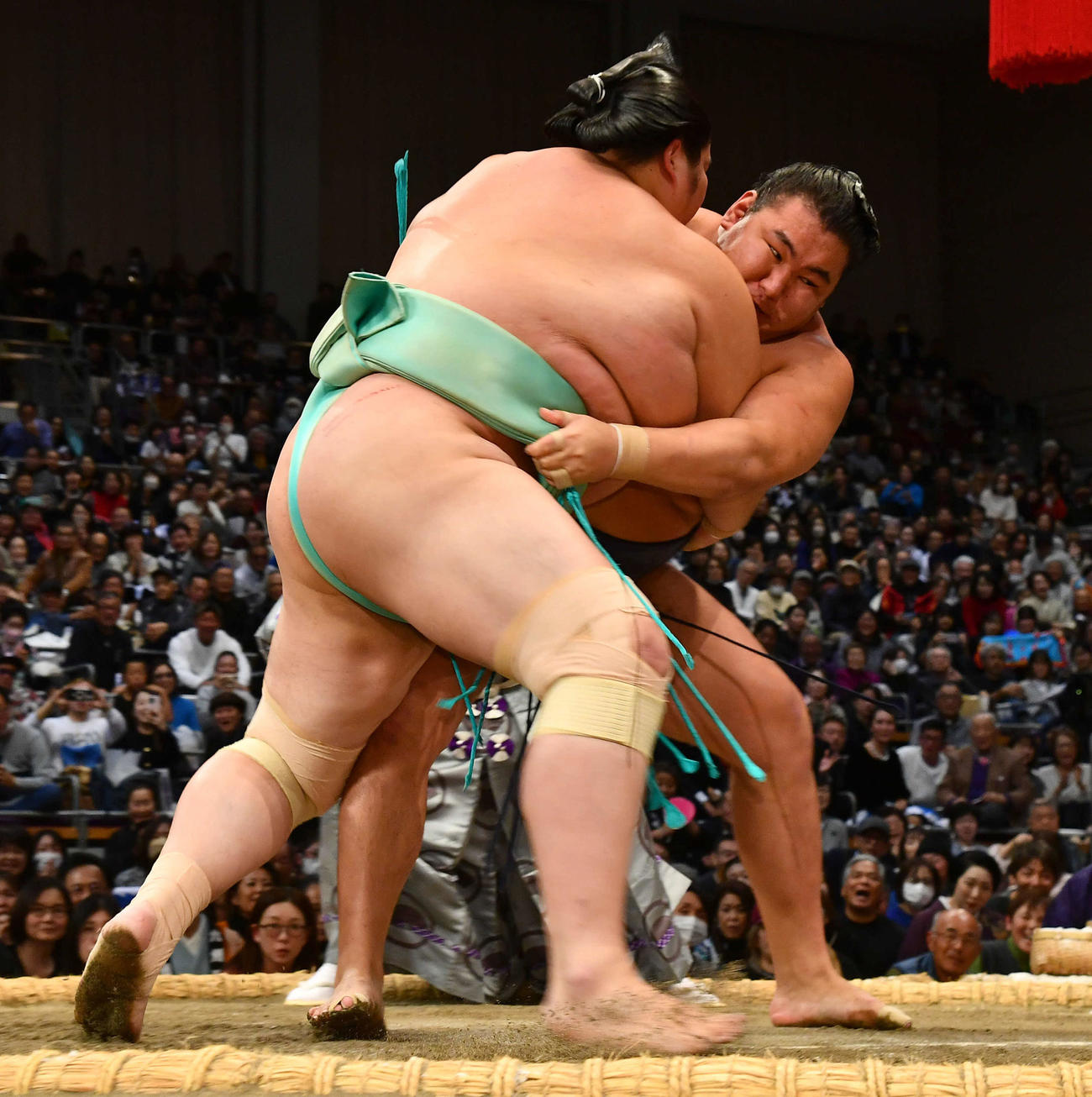琴桜（左）を攻める豊昇龍（撮影・岩下翔太）
