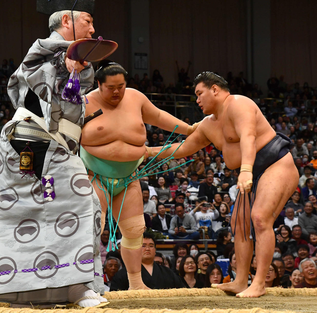 琴桜（左）を寄り切りで下した豊昇龍（撮影・岩下翔太）