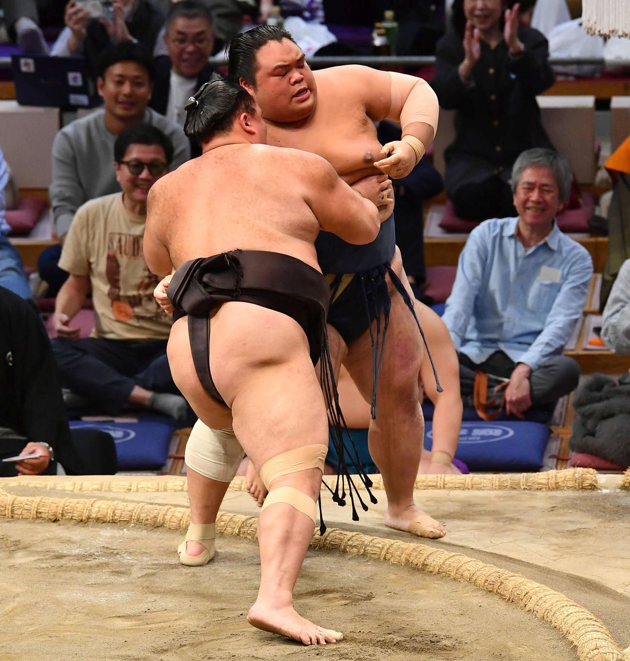 寄り切りで朝乃山（左）に敗れた藤凌駕（撮影・岩下翔太）