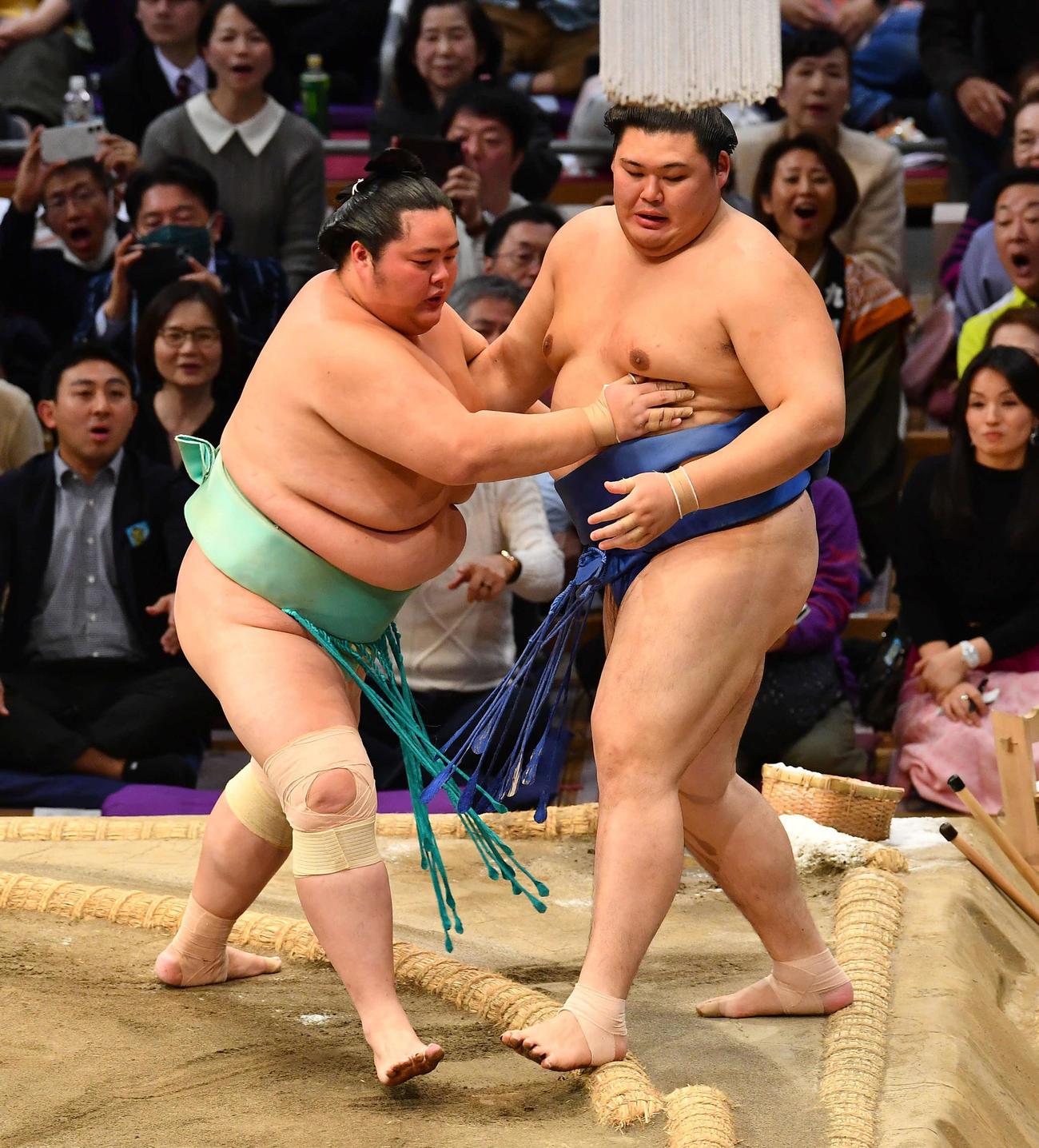 琴桜（左）は大の里を寄り切りで破る（撮影・岩下翔太）