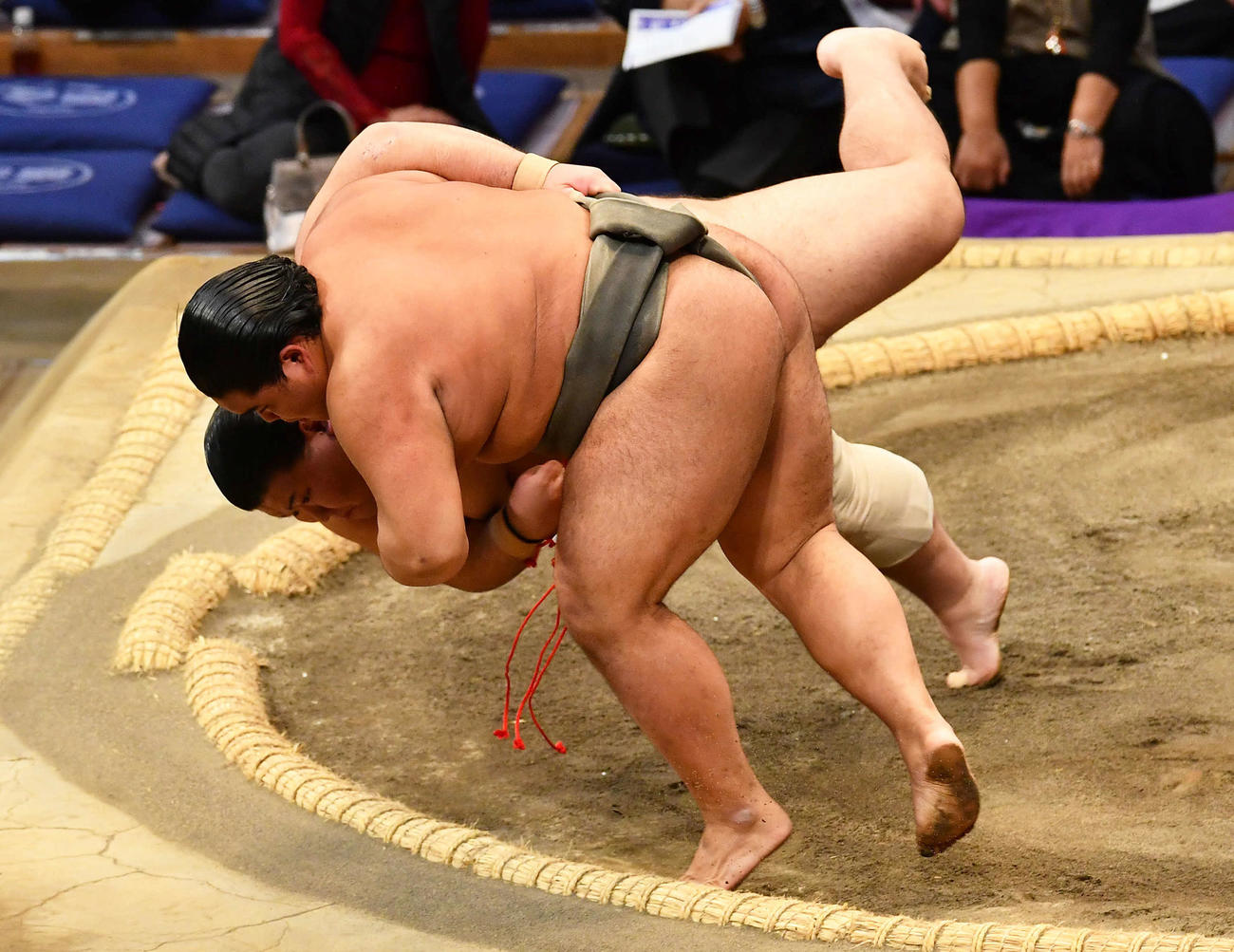 序二段優勝決定戦で鶴英山（奥）を下した竜鳳（撮影・岩下翔太）