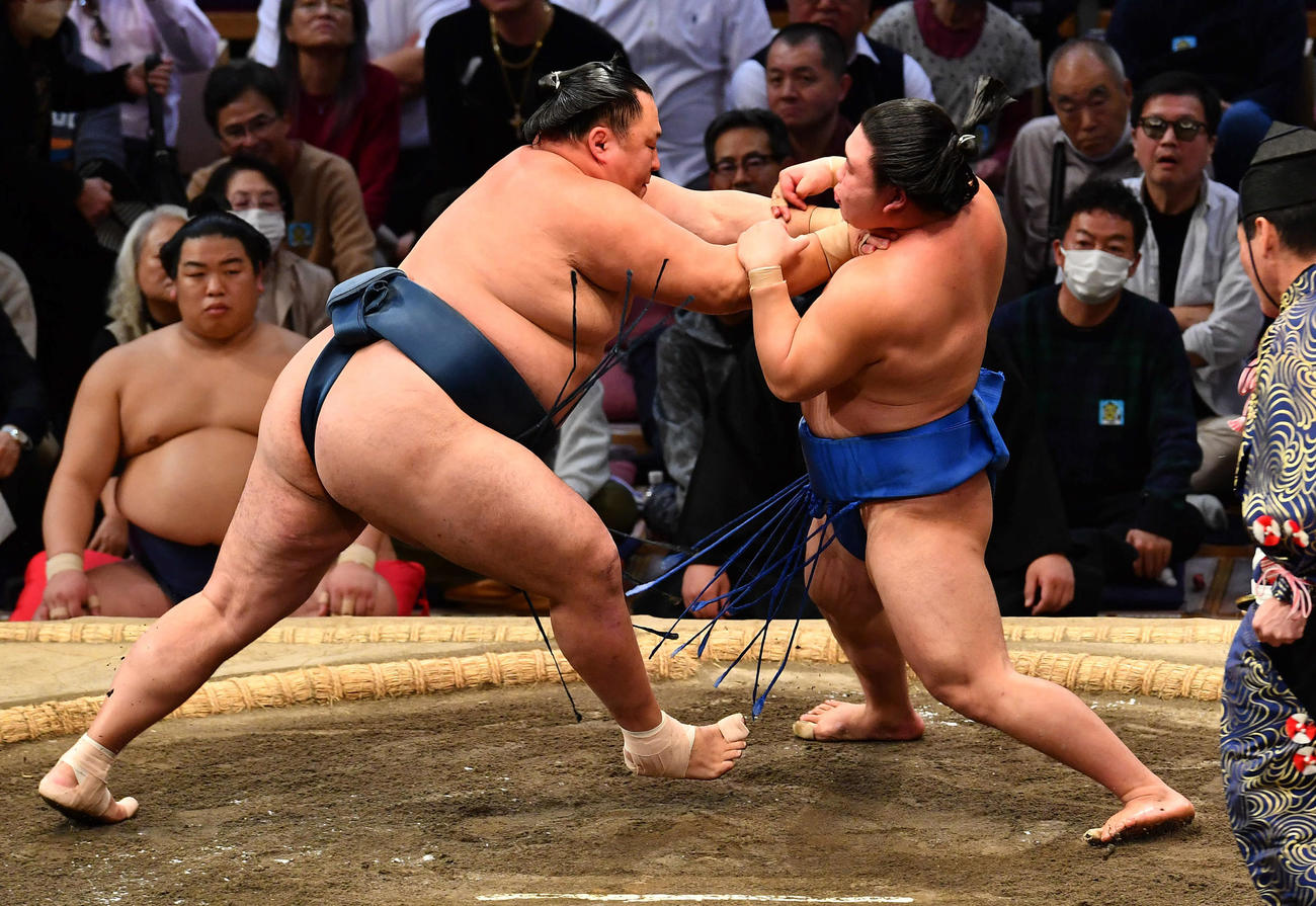 藤ノ川（右）を攻める玉鷲（撮影・岩下翔太）