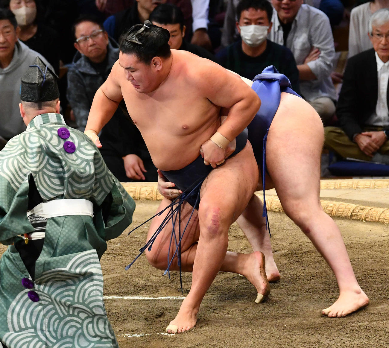 優勝決定戦で安青錦（右）に背中をとられる豊昇龍（撮影・岩下翔太）