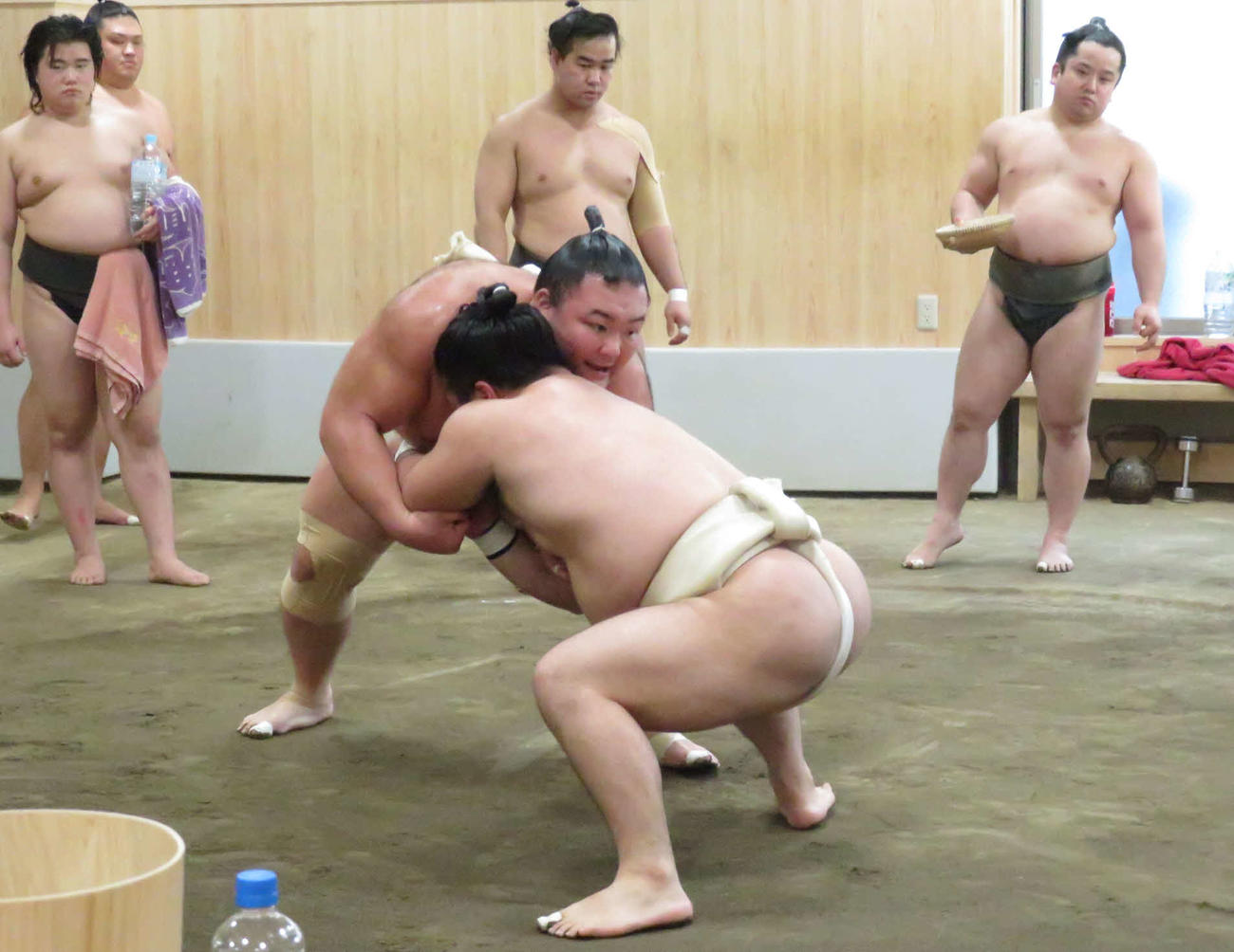相撲を取る稽古を再開し、朝翠龍（手前右）の下からの攻めを組み止める朝乃山（同左）