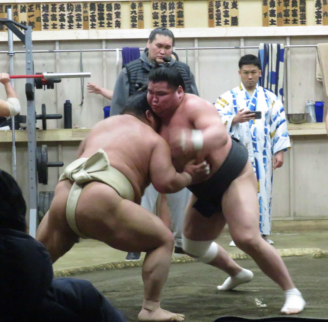 後方左から師匠の伊勢ケ浜親方、部屋付きの間垣親方が見つめる中、伯乃富士（手前左）と相撲を取る稽古を行った旭富士