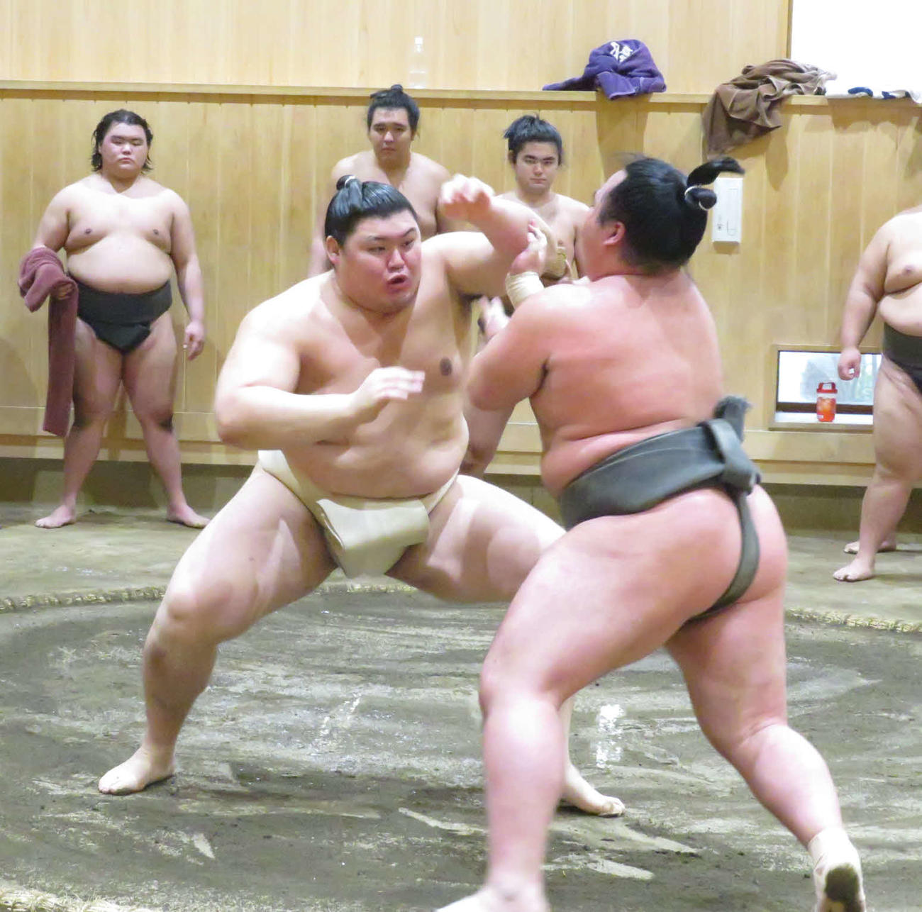 稽古始めで幕下の花の海（手前右）と相撲を取る稽古を繰り返した大の里（同左）