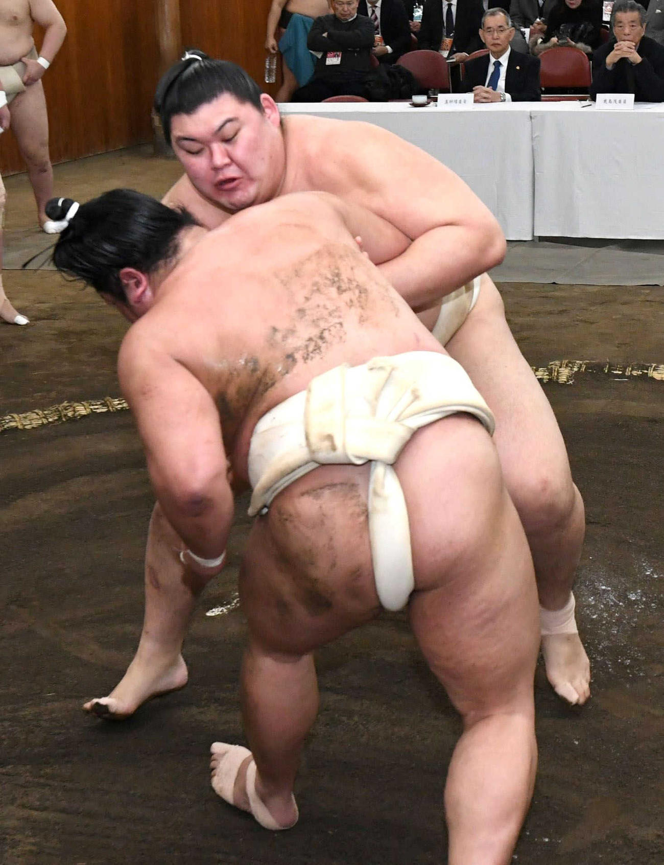 稽古総見で平戸海（手前）と稽古する大の里（代表撮影）