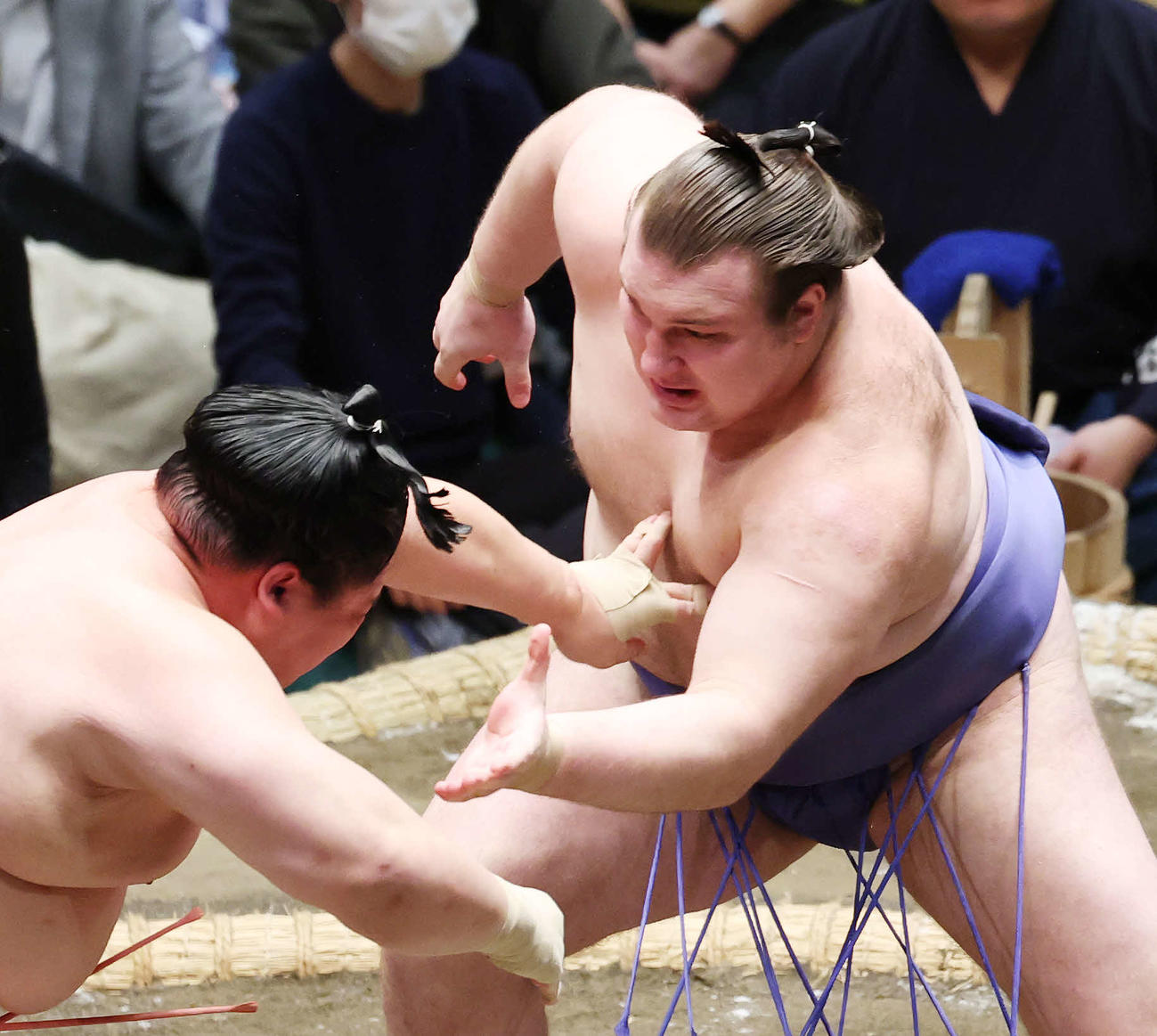 宇良（左）を攻める安青錦（撮影・宮地輝）