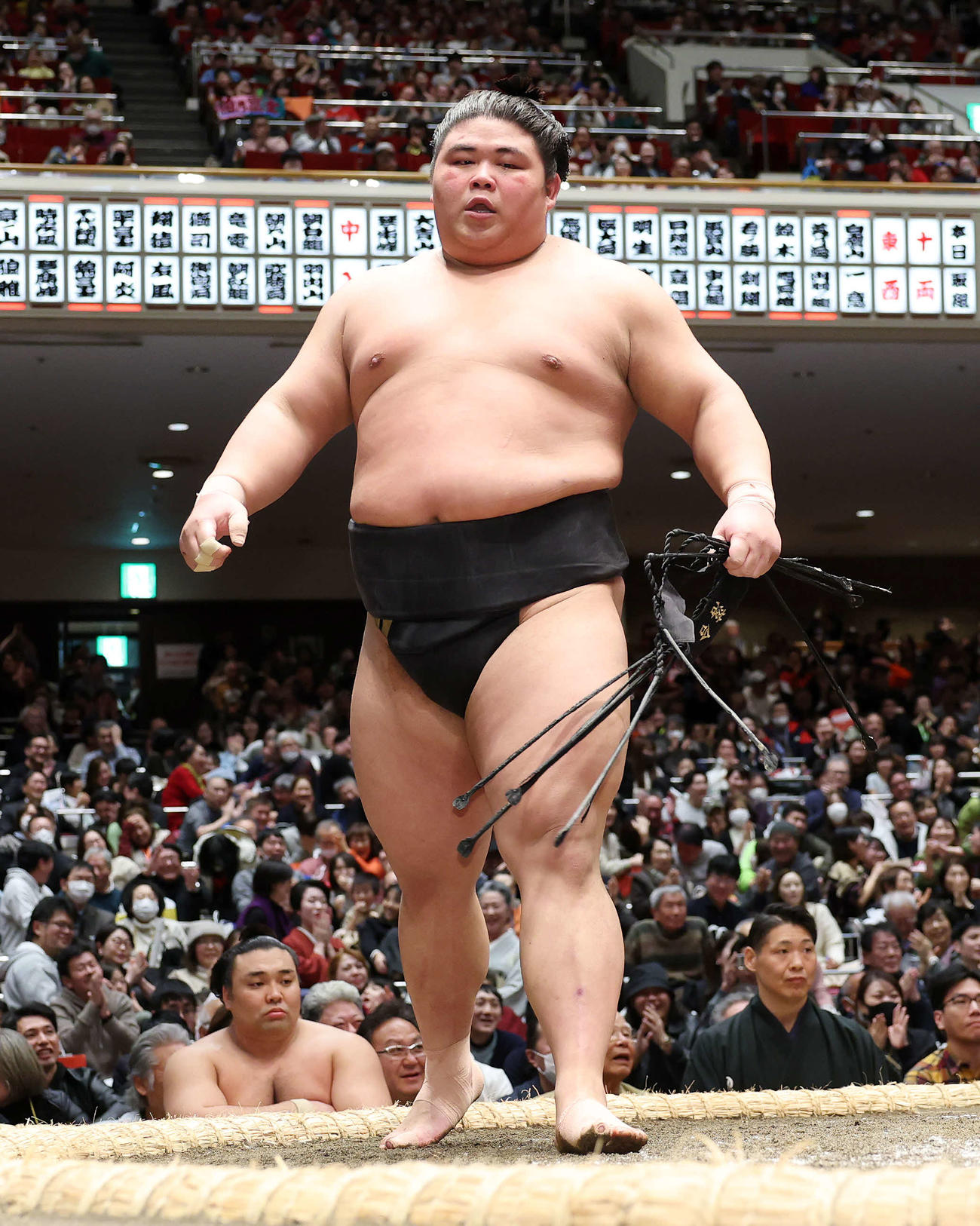 王鵬を上手投げで破った伯乃富士（撮影・鈴木正人）