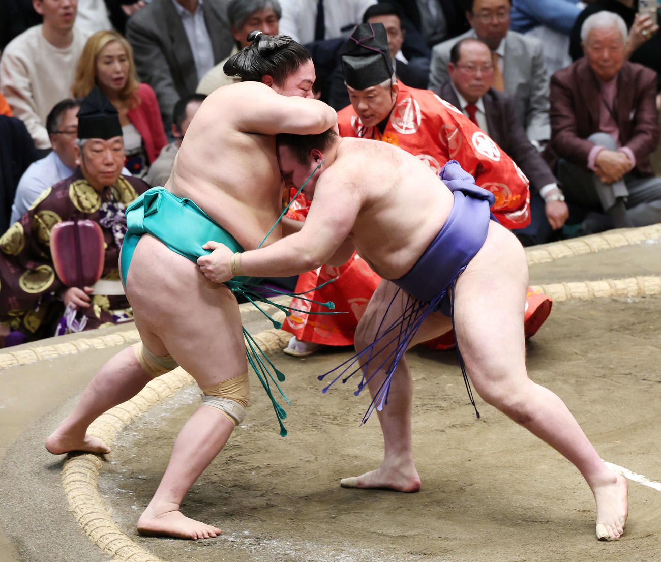 寄り切りで一山本（左）を破る安青錦（撮影・宮地輝）