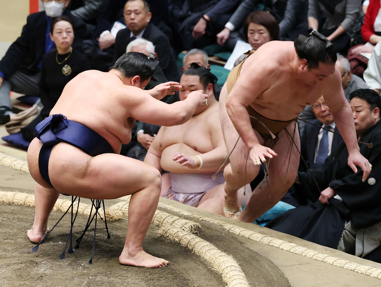 送り出しで竜電（右）を破る朝白龍（撮影・宮地輝）