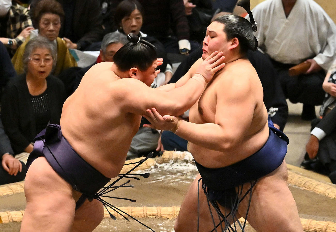 義ノ富士（左）は大の里を攻める（撮影・滝沢徹郎）