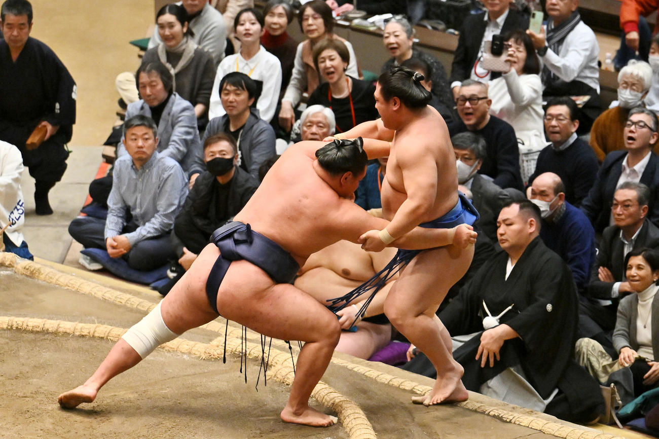 豊昇龍（左）は若隆景を寄り切りで破る（撮影・滝沢徹郎）