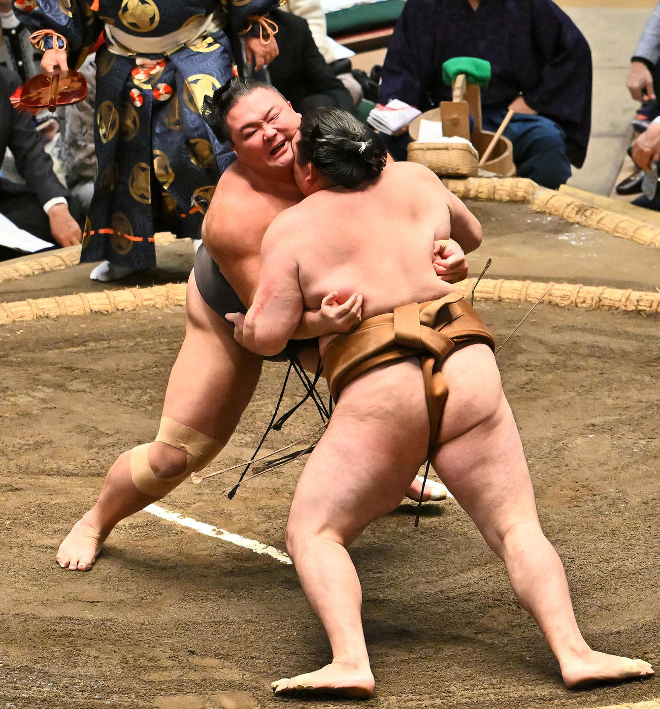 竜電（右）と攻める朝乃山（撮影・滝沢徹郎）