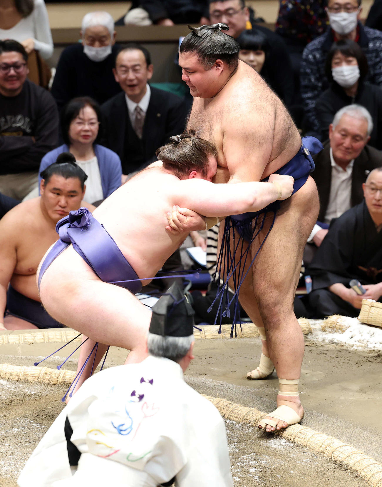 高安（右）を寄り切りで破る安青錦（撮影・鈴木正人）