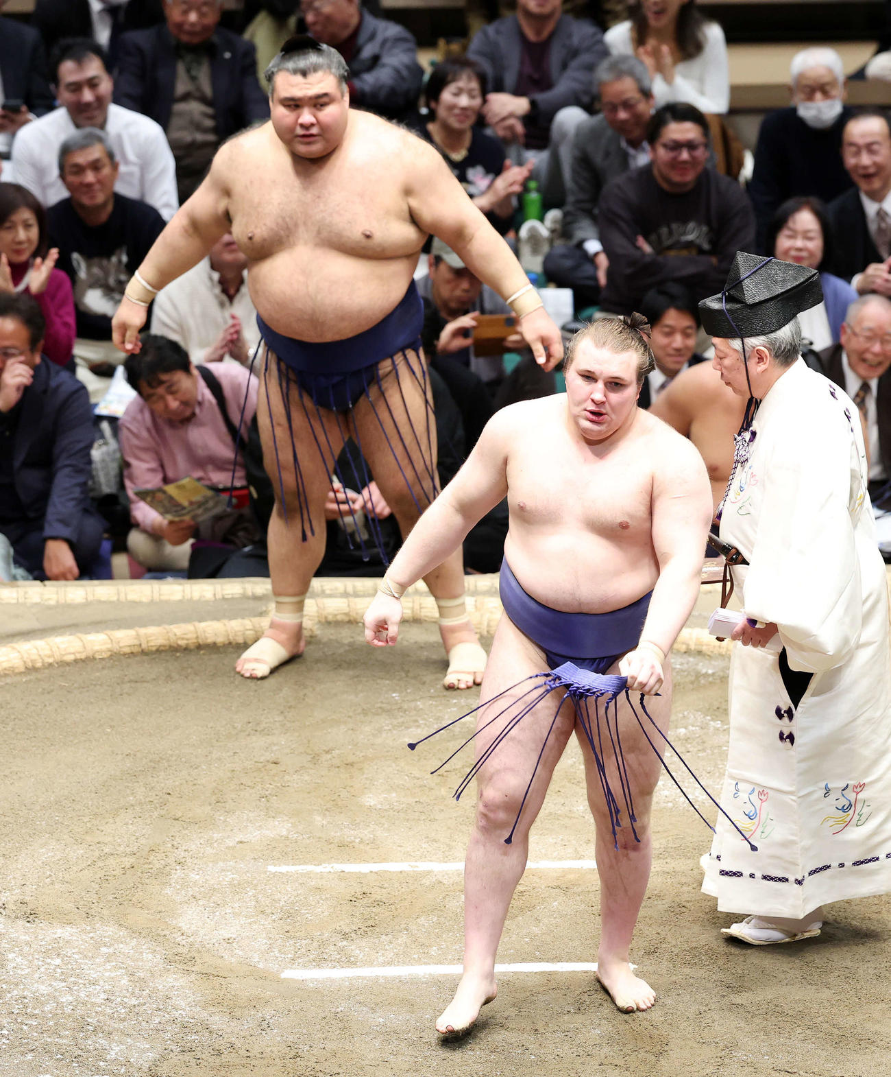 高安（左）を寄り切りで破った安青錦（撮影・鈴木正人）