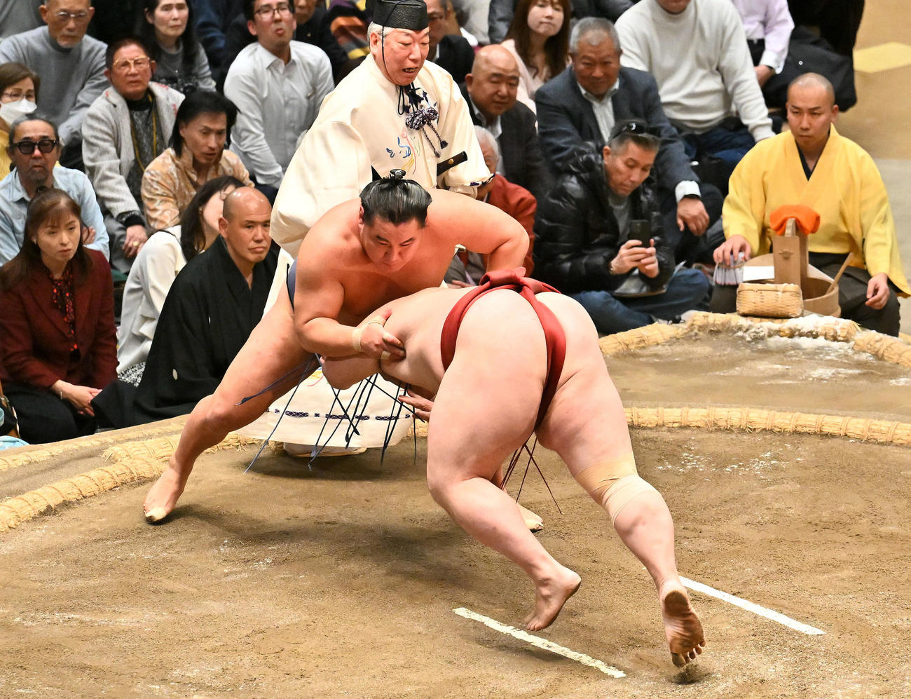 豊昇龍（上）は隆の勝をはたき込みで破る（撮影・滝沢徹郎）