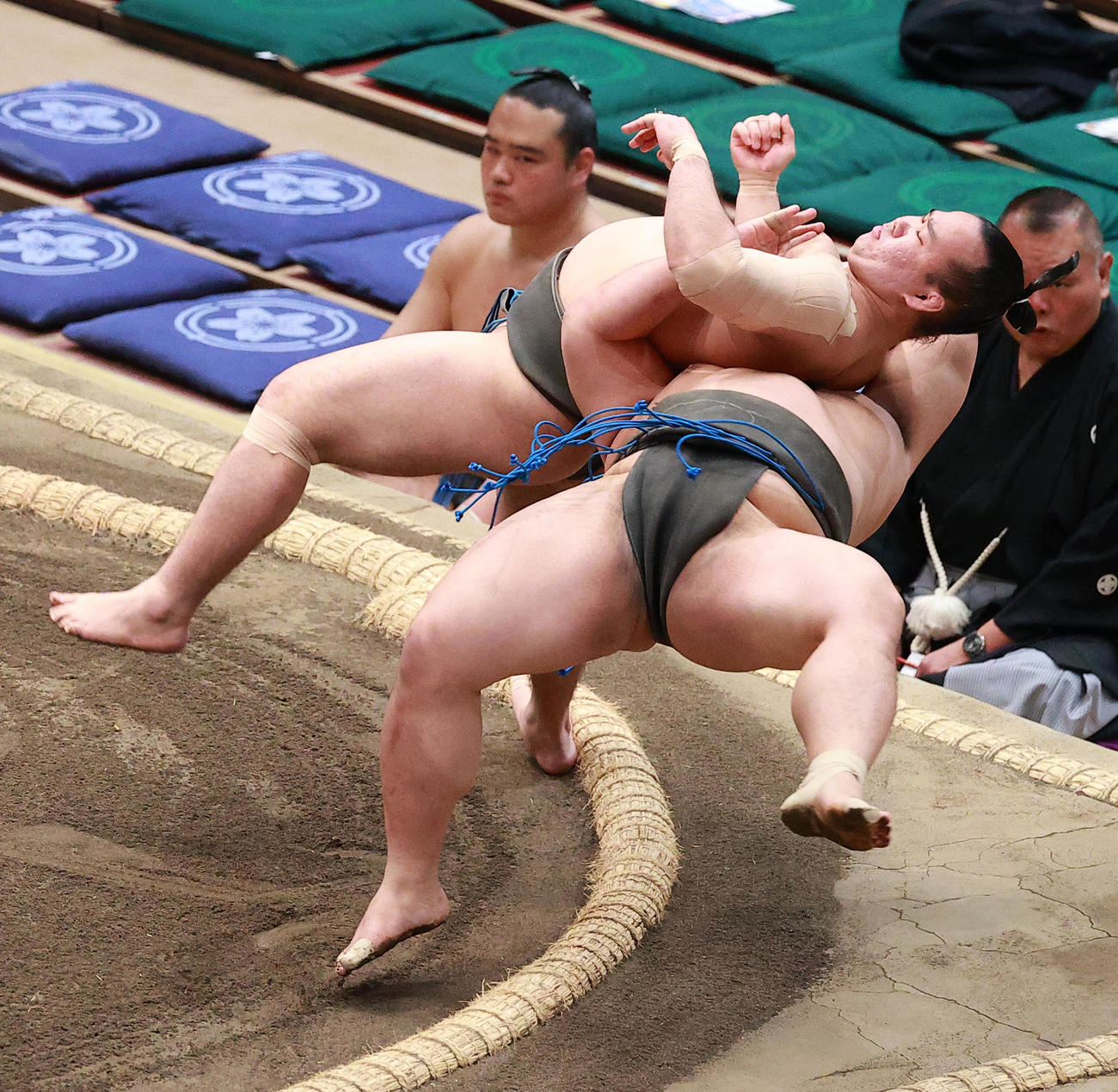 悠錦（右）を居反りで破る朝気龍（撮影・中島郁夫）