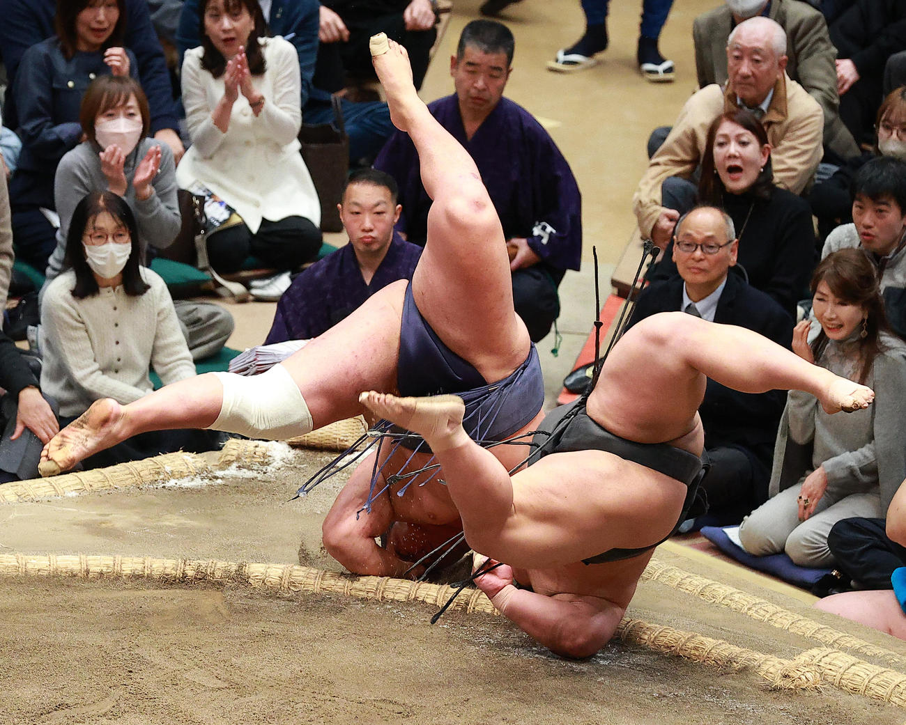 豊昇龍（左）と伯乃富士が同体（撮影・中島郁夫）