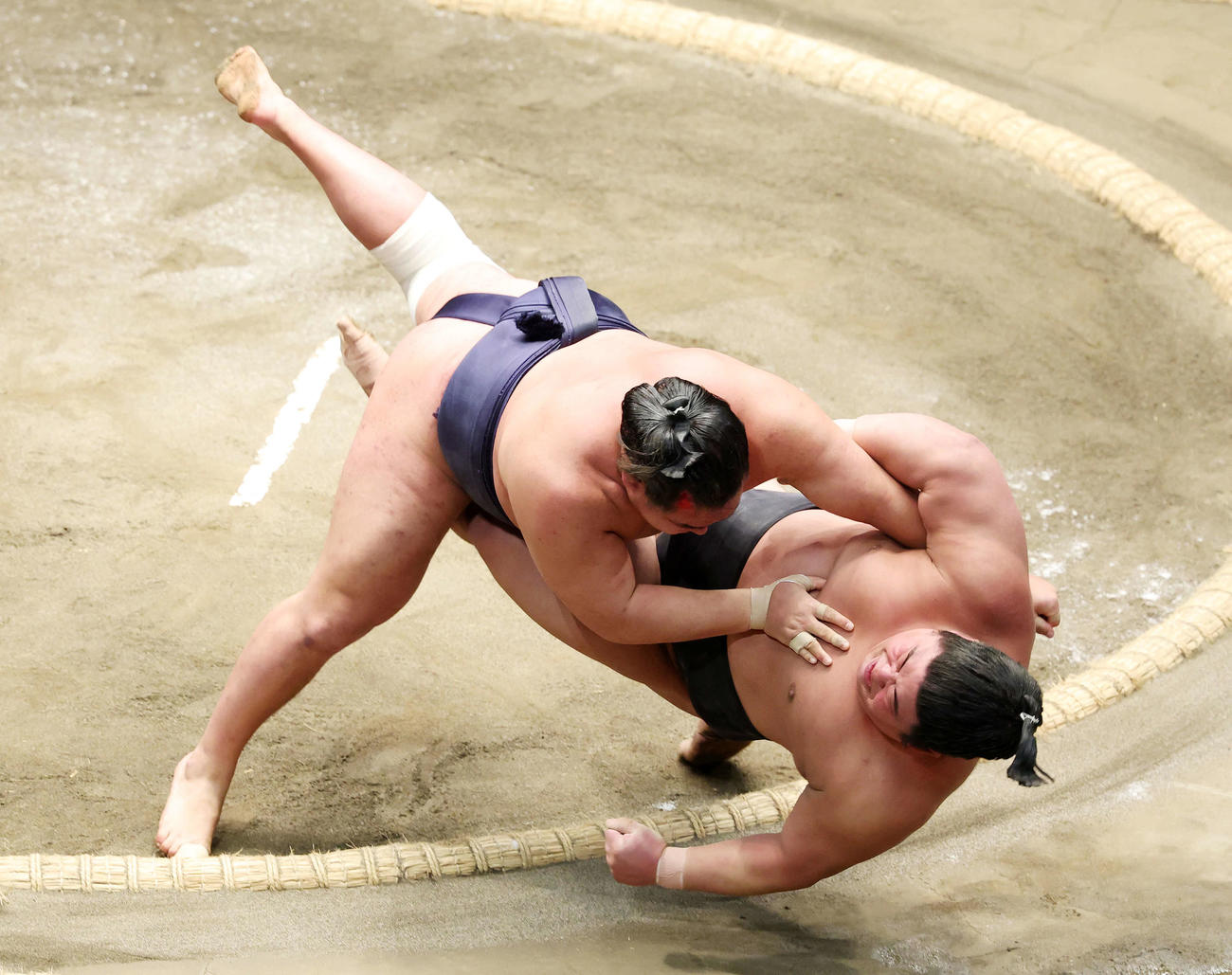 伯乃富士（右）を寄り倒しで破る豊昇龍（撮影・鈴木正人）