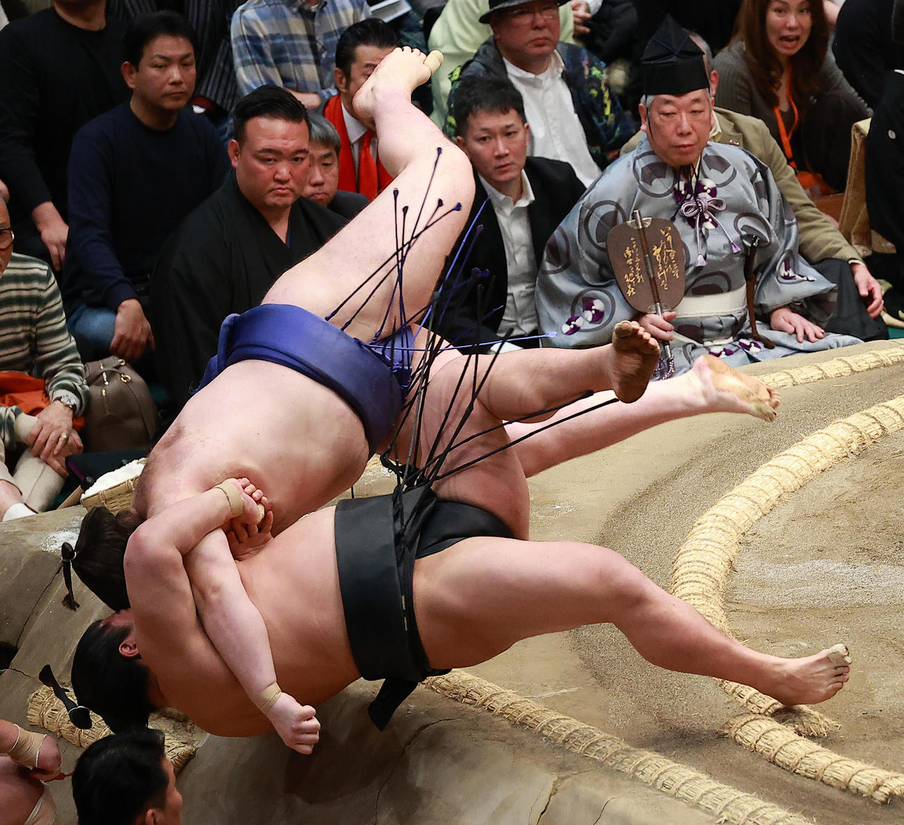 若元春（下）を寄り倒しで破る安青錦（撮影・中島郁夫）