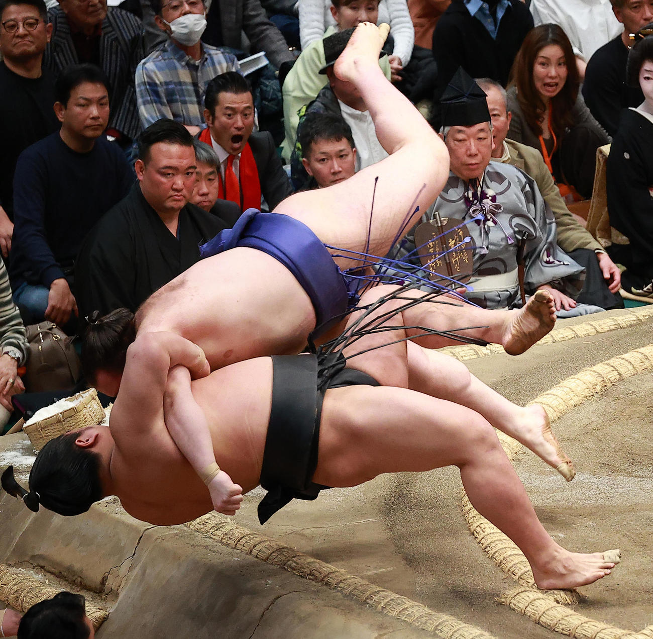 若元春（下）を寄り倒しで破る安青錦（撮影・中島郁夫）