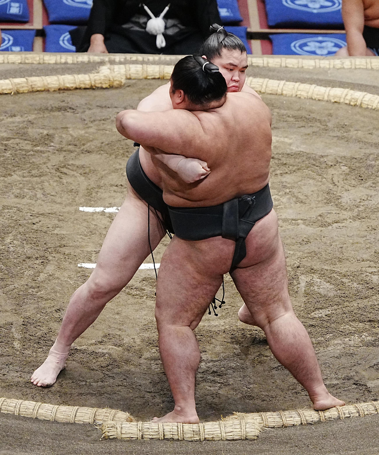 福福丸（手前）を寄り切りで破る旭富士（撮影・小沢裕）