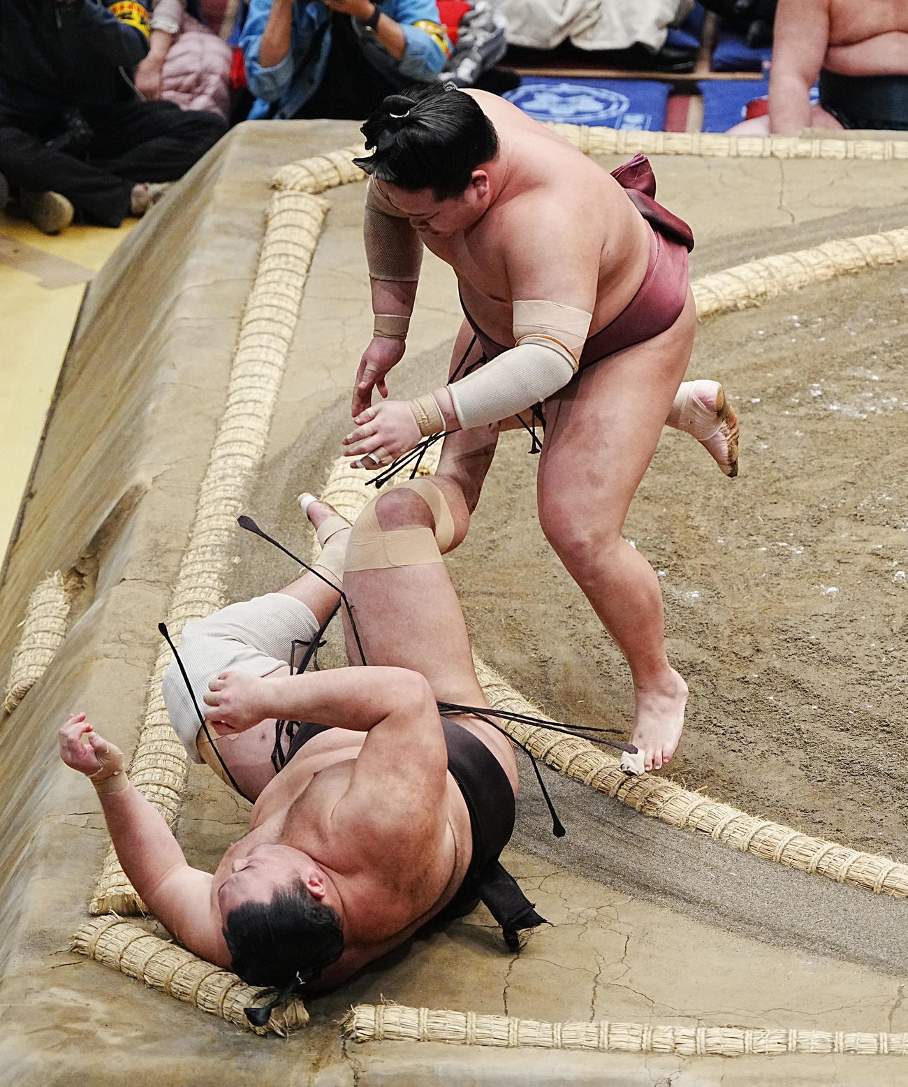 錦富士（右）は朝乃山を寄り倒しで下す（撮影・小沢裕）