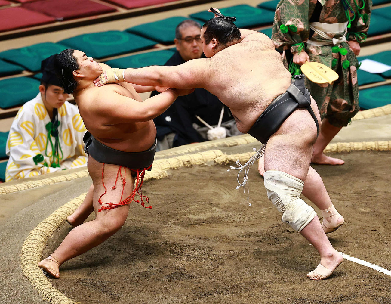 竜鳳（左）を突き倒しで破る生田目（撮影・野上伸悟）