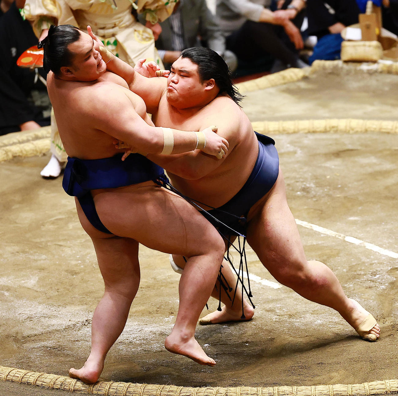 栃大海（左）を押し出しで破る藤凌駕（撮影・野上伸悟）